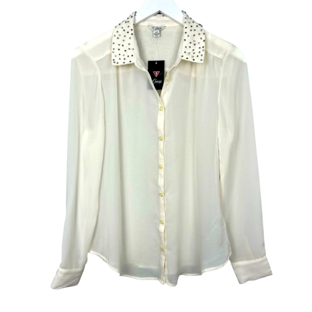 Guess Ivory Button Down Sheer Jeweled Studded Beaded Collar Top Blouse Small NWT